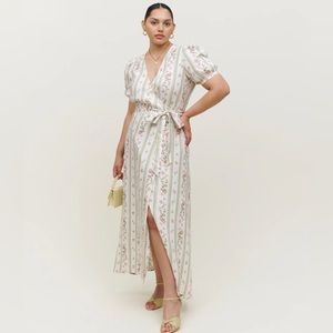 Reformation Linen Wrap Dress Floral Midi Flowers Weiss Size Med Like New